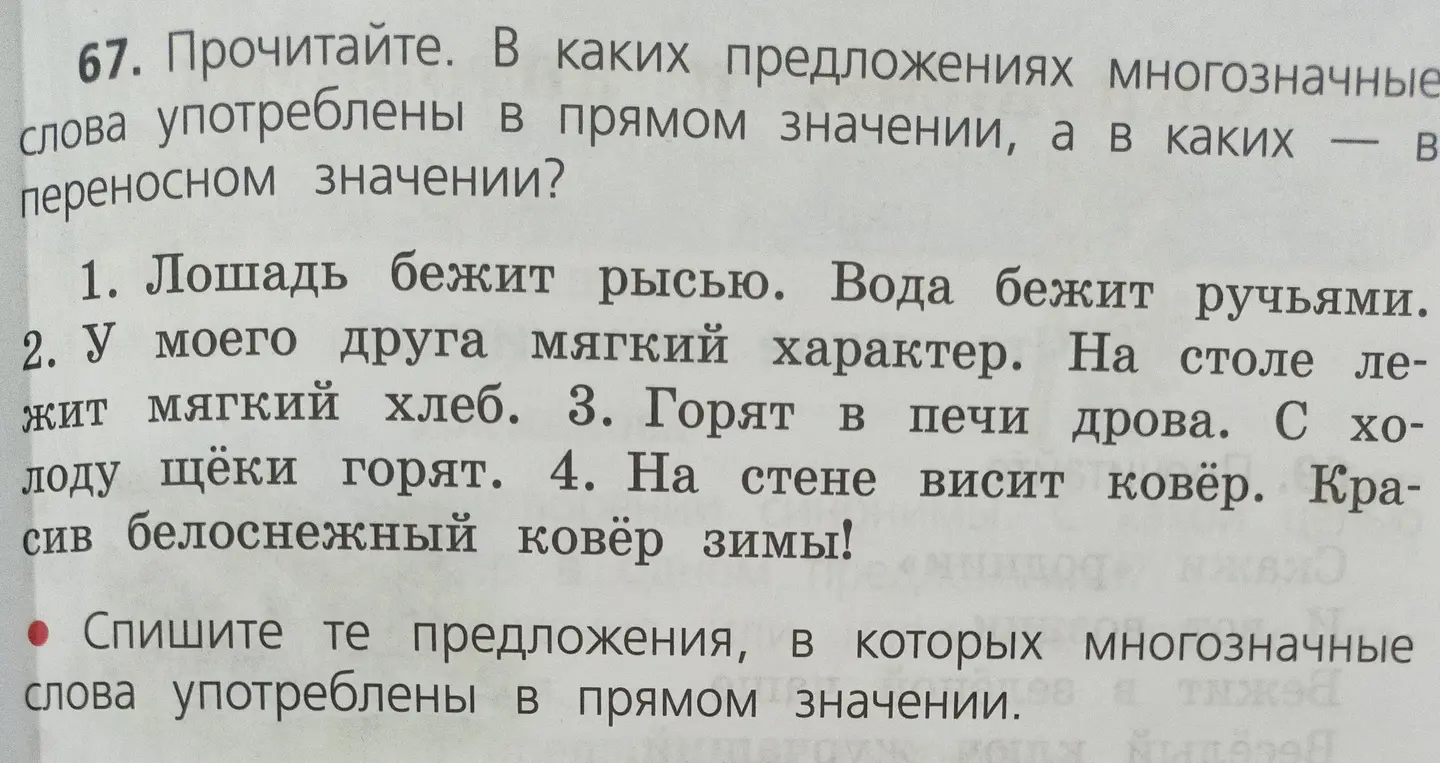Прочитай текст и определи, в каких предложениях многозначные слова употреблены в прямом значении, а в каких — в переносном значении.