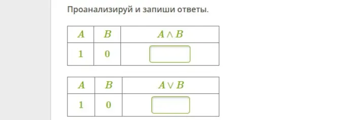 Проанализируй и запиши ответы для логических операций конъюнкции и дизъюнкции.