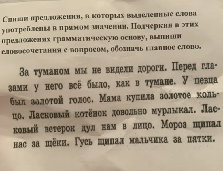 Спиши предложения, в которых выделенные слова употреблены в прямом значении, подчеркни в этих предложениях грамматическую основу, выпиши словосочетания с вопросом, обозначь главное слово.