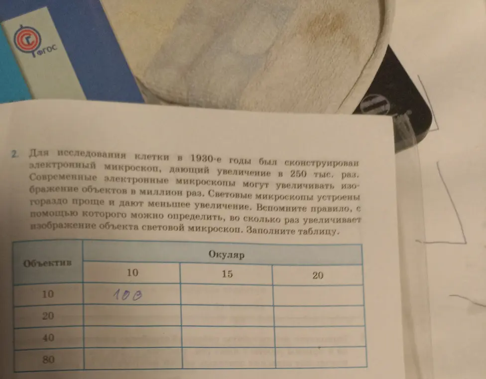 Заполни таблицу, чтобы определить, во сколько раз увеличивает изображение объекта световой микроскоп.