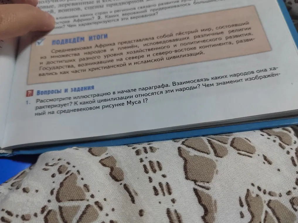 Рассмотри иллюстрацию в начале параграфа. Скажи, взаимосвязь каких народов она характеризует? К какой цивилизации относятся эти народы? Чем знаменит изображённый на средневековом рисунке Муса І?