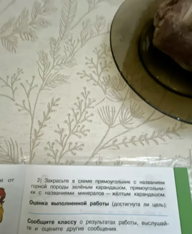 Закрась в схеме прямоугольник с названием горной породы зелёным карандашом, прямоугольники с названиями минералов – жёлтым карандашом.