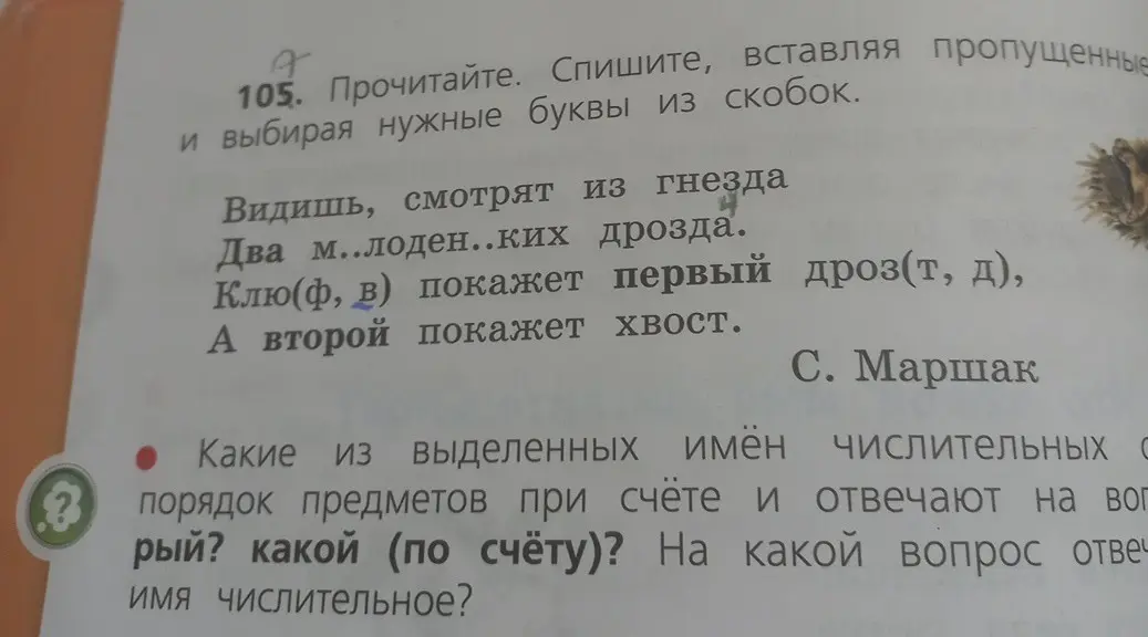 Прочитай текст, вставляя пропущенные буквы и выбирая нужные буквы из скобок и ответь на вопросы про имена числительные.