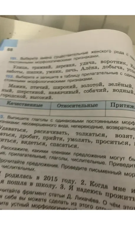 Выпиши имена существительные женского рода с постоянными морфологическими признаками. Выбери и запиши в таблицу прилагательные с одинаковыми постоянными морфологическими признаками. Выпиши глаголы с одинаковыми постоянными морфологическими признаками: несовершенного вида, непереходные, возвратные.