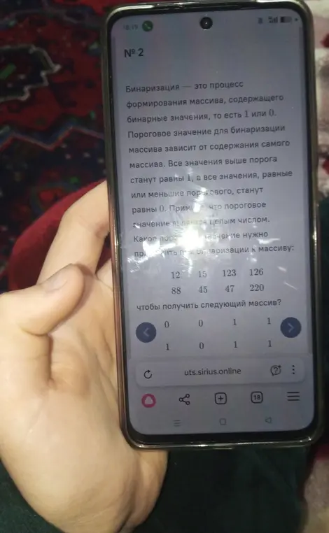 Определи, какое пороговое значение нужно применить при бинаризации к массиву: 12, 15, 123, 126, 88, 45, 47, 220, чтобы получить следующий массив: 0, 0, 1, 1, 1, 0, 1, 1?