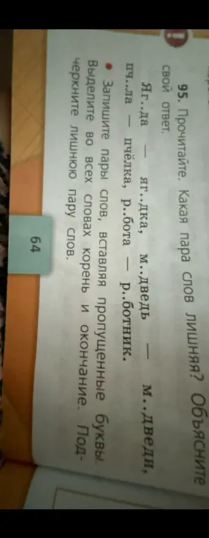 Определи лишнюю пару слов и вставь пропущенные буквы.