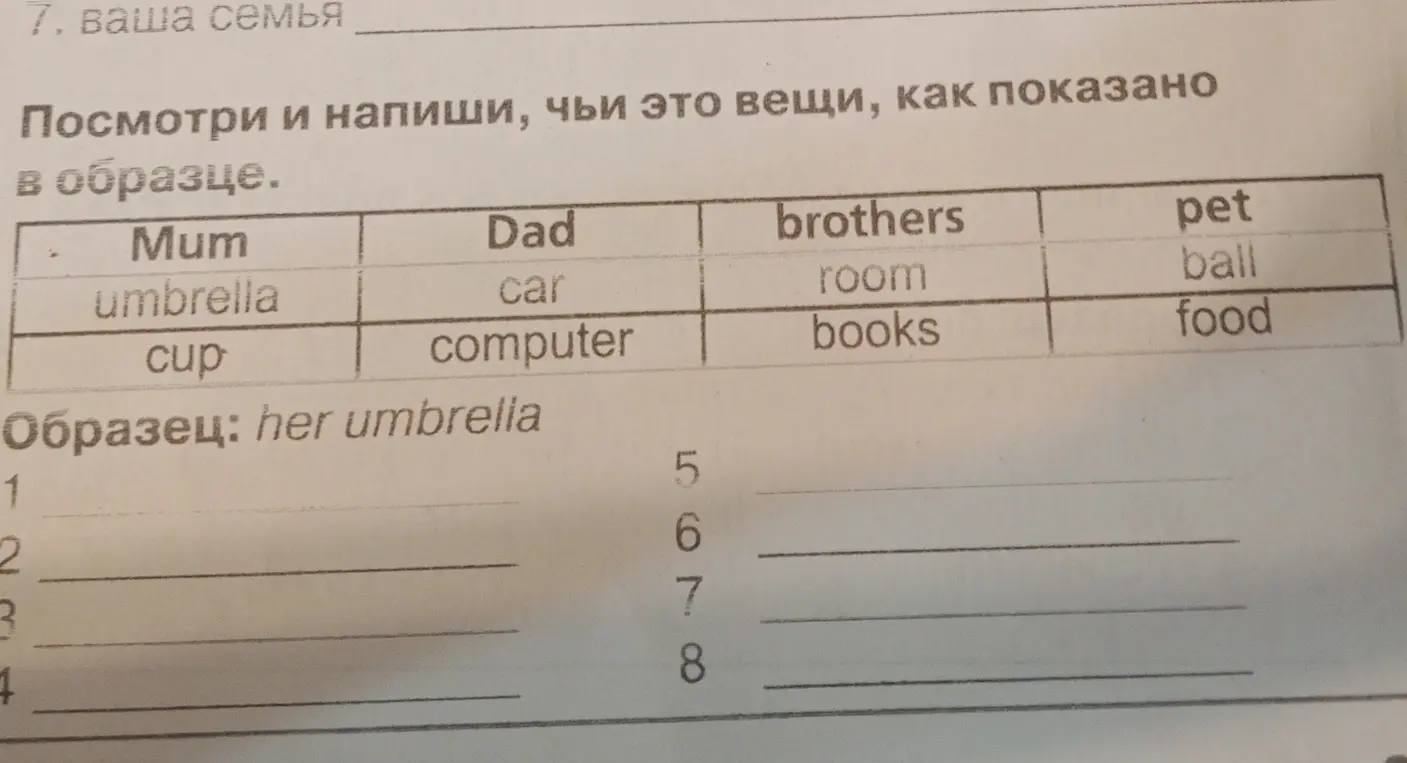Посмотри и напиши, чьи это вещи, как показано в образце.