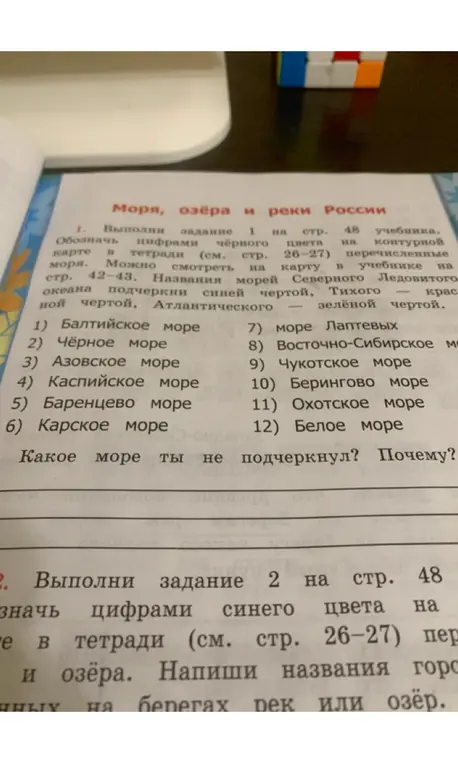 Выполни задание 1 на стр. 48 учебника. Обозначь цифрами чёрного цвета на контурной карте в тетради перечисленные моря.