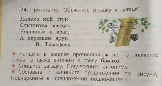 Объясни отгадку к загадке про дятла, найди антонимы, запиши загадку с подчёркнутыми антонимами и составь предложение по рисунку.