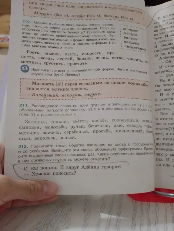 Распредели слова по группам, найди слова с мягкими согласными, выпиши слова с пропусками букв и скобками, обозначь орфограммы.