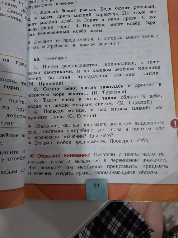 Спиши предложения, в которых многозначные слова употреблены в прямом значении.