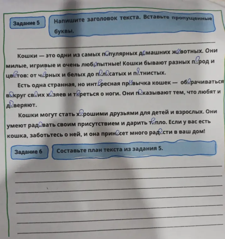 Напиши заголовок текста, вставь пропущенные буквы и составь план текста.