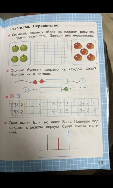 Сосчитай, сколько яблок на каждом рисунке, и сравни результаты. Запиши два неравенства.