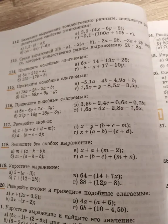 Приведи подобные слагаемые в выражениях 114-116, раскрой скобки в выражениях 117-120 и упрости их.