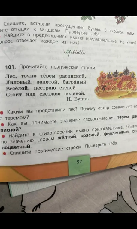 Найди в стихотворении имена прилагательные, близкие по значению словам жёлтый, красный, фиолетовый, разноцветный.