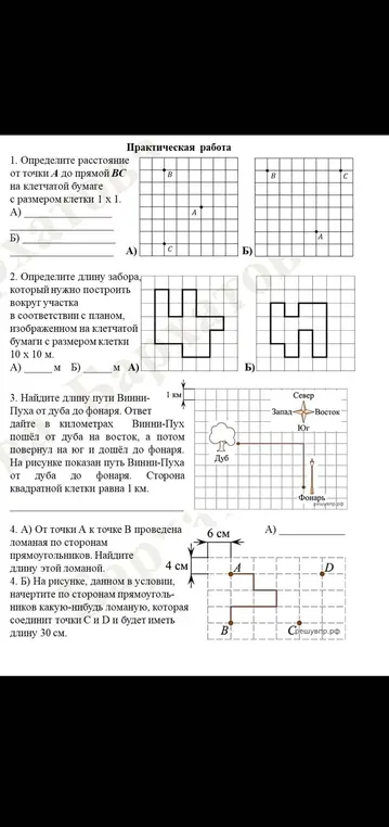 Определи расстояние, длину забора, длину пути Винни-Пуха и длину ломаной.