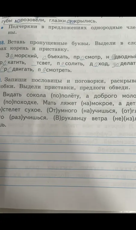 Вставь пропущенные буквы, выдели корень и приставку в словах. Запиши пословицы и поговорки, раскрыв скобки. Выдели приставки, предлоги обведи.