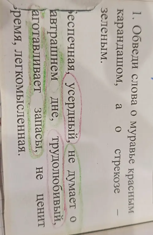 Обведи слова о муравье красным карандашом, а о стрекозе зеленым.
