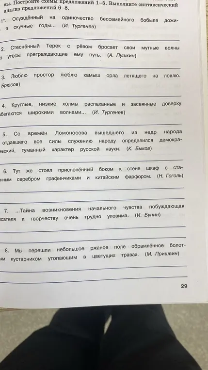 Построй схемы предложений 1-5. Выполни синтаксический анализ предложений 6-8.