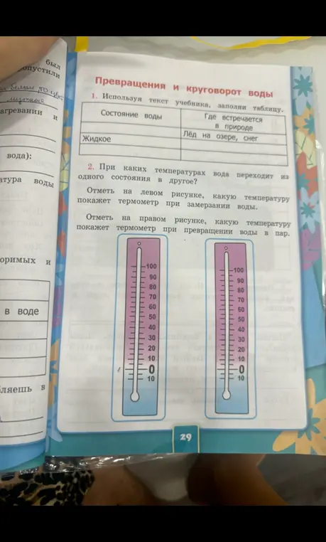 Используя текст учебника, заполни таблицу про круговорот воды. Отметь на термометре температуры замерзания и превращения воды в пар.