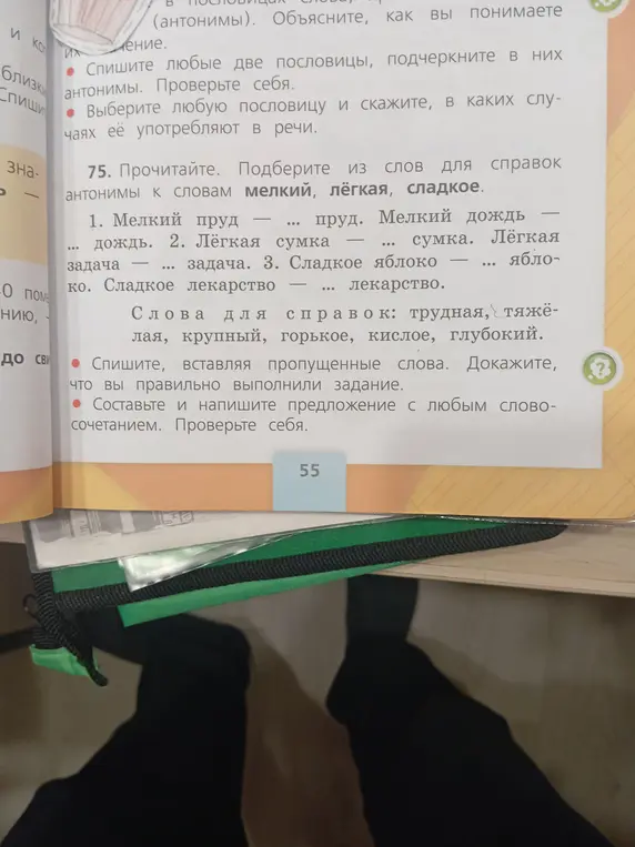Подбери из слов для справок антонимы к словам мелкий, лёгкая, сладкое.