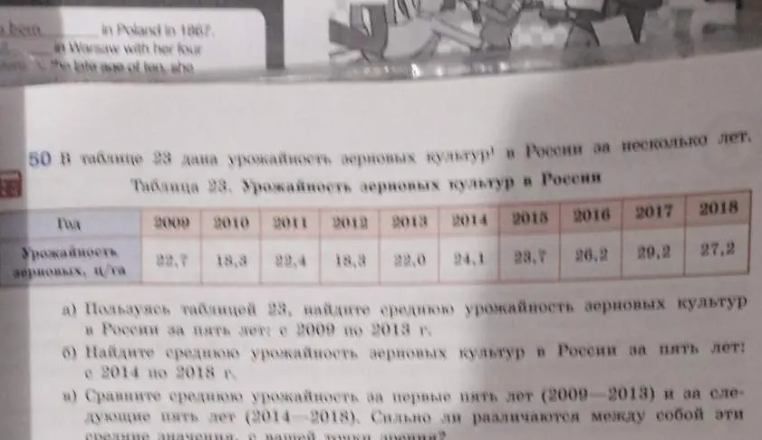 Пользуясь таблицей 23, найди среднюю урожайность зерновых культур в России за пять лет с 2009 по 2013 г, с 2014 по 2018 г. и сравни среднюю урожайность за эти периоды.