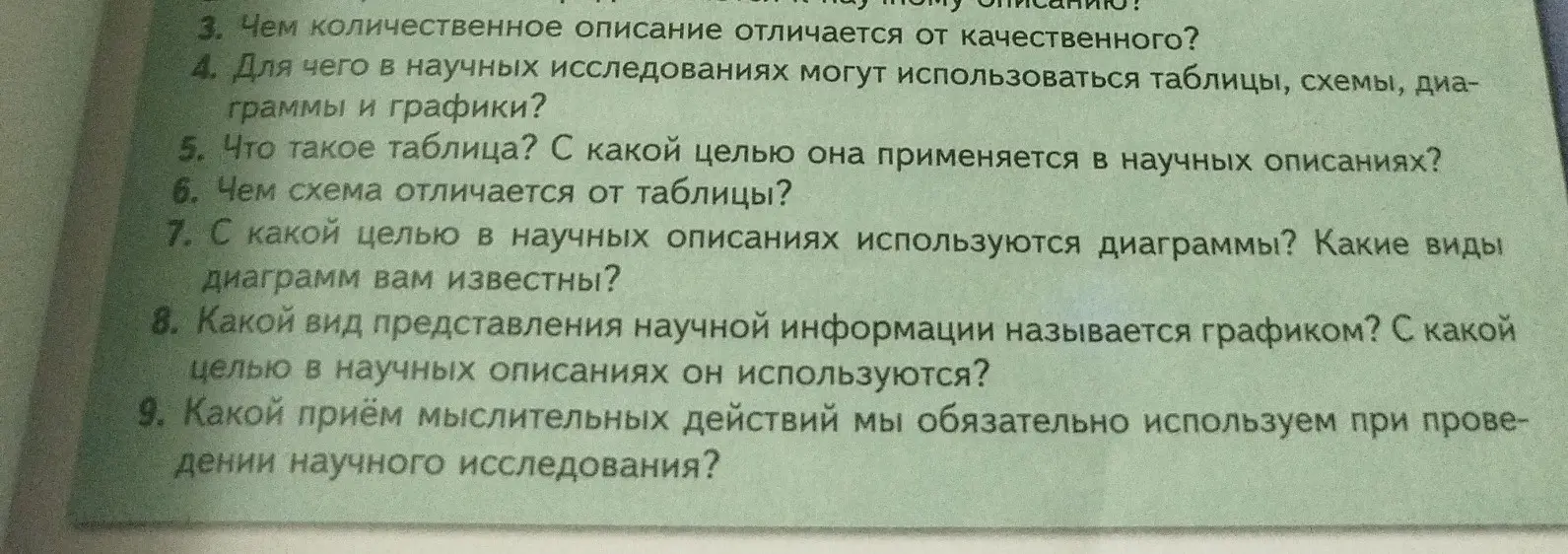 Ответь на вопросы: чем количественное описание отличается от качественного, для чего в научных исследованиях могут использоваться таблицы, схемы, диаграммы и графики, что такое таблица, чем схема отличается от таблицы, с какой целью в научных описаниях используются диаграммы, какой вид представления научной информации называется графиком, какой приём мыслительных действий мы обязательно используем при проведении научного исследования?