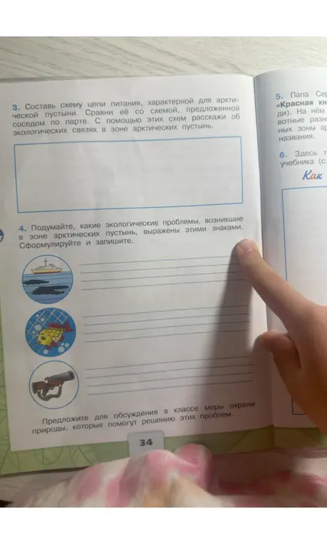 Подумай, какие экологические проблемы, возникшие в зоне арктических пустынь, выражены этими знаками. Сформулируй и запиши.