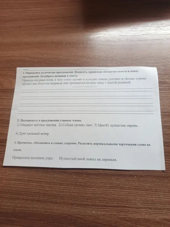 Определи количество предложений, напиши, правильно обозначая начало и конец предложений, подбери название к тексту; подчеркни в предложении главные члены; прочитай, обозначь в словах ударение, раздели вертикальными черточками слова на слоги.