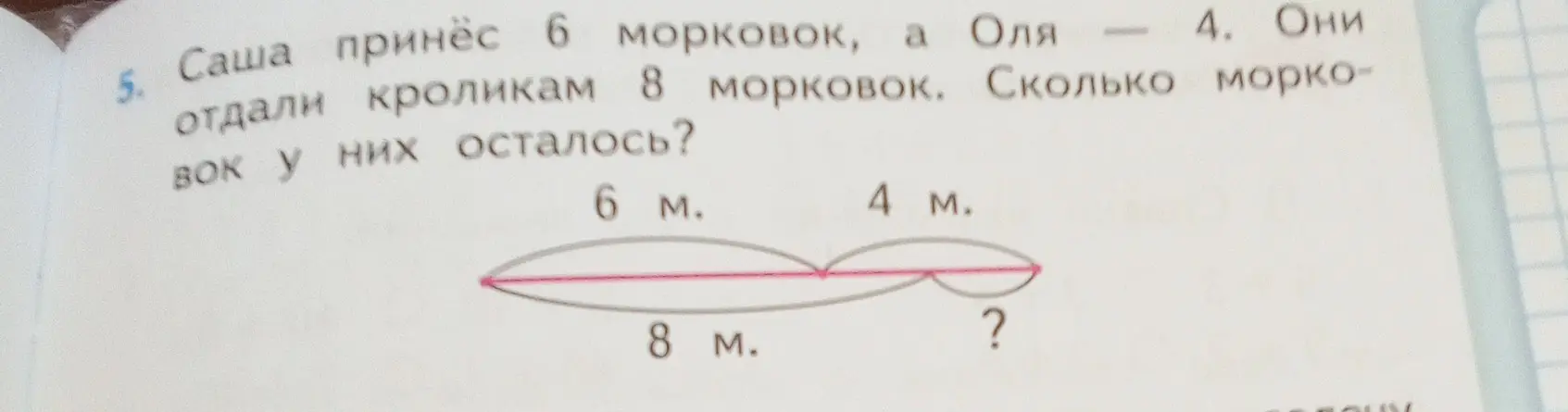Реши задачу: Саша принёс 6 морковок, Оля - 4. Они отдали кроликам 8 морковок. Сколько морковок у них осталось?