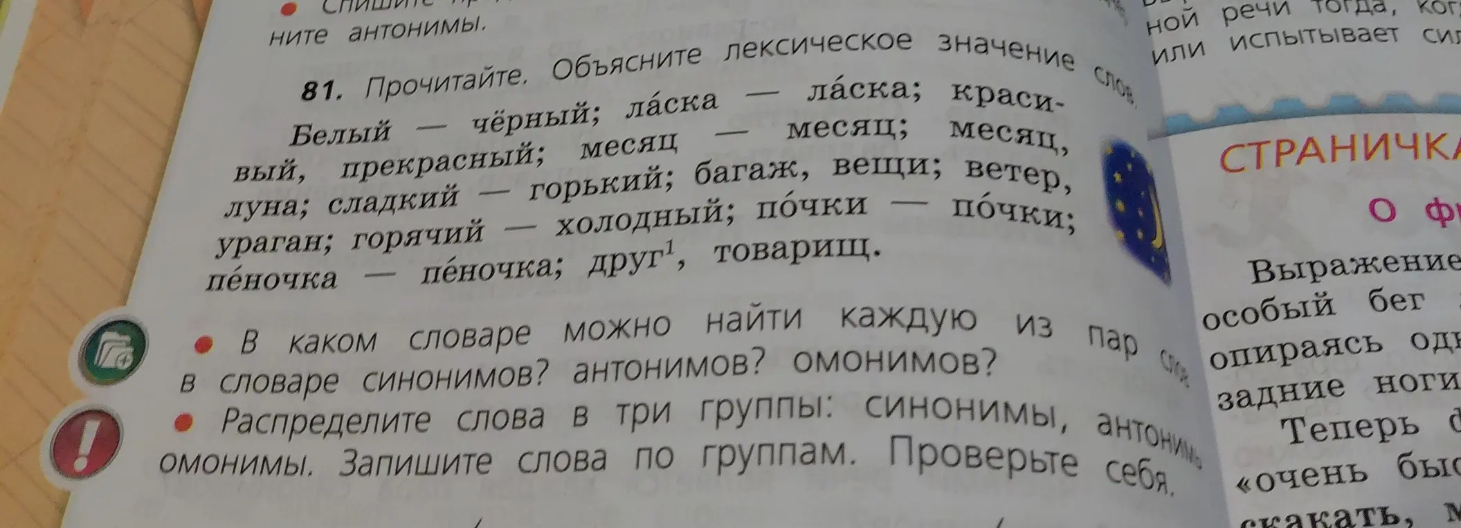 Определи, в каком словаре можно найти каждую из пар слов, и распредели слова в три группы: синонимы, антонимы, омонимы.