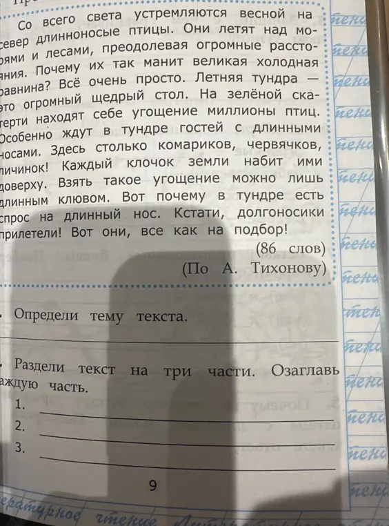 Определи тему текста и раздели текст на три части. Озаглавь каждую часть.