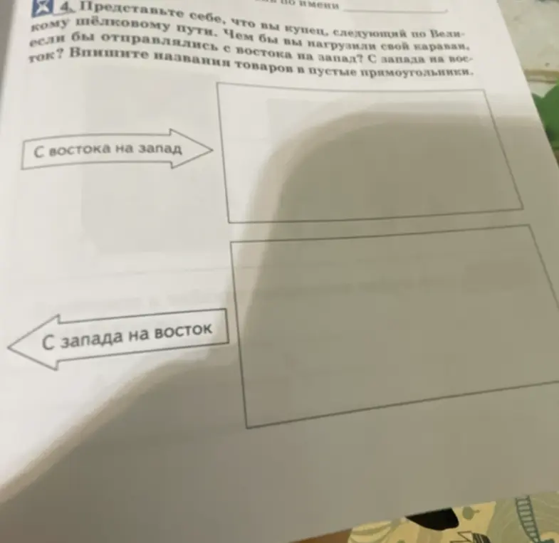 Впиши названия товаров в пустые прямоугольники, которыми бы ты нагрузил караван с востока на запад и с запада на восток.
