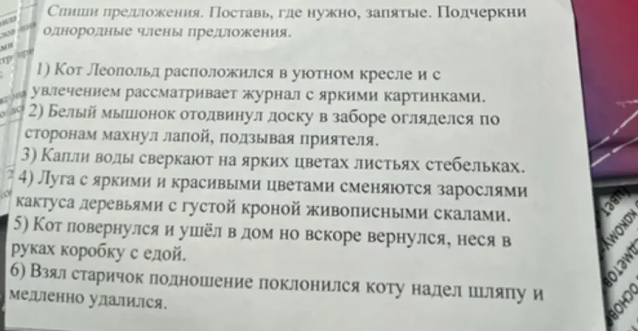 Спиши предложения, поставь, где нужно, запятые, подчеркни однородные члены предложения.