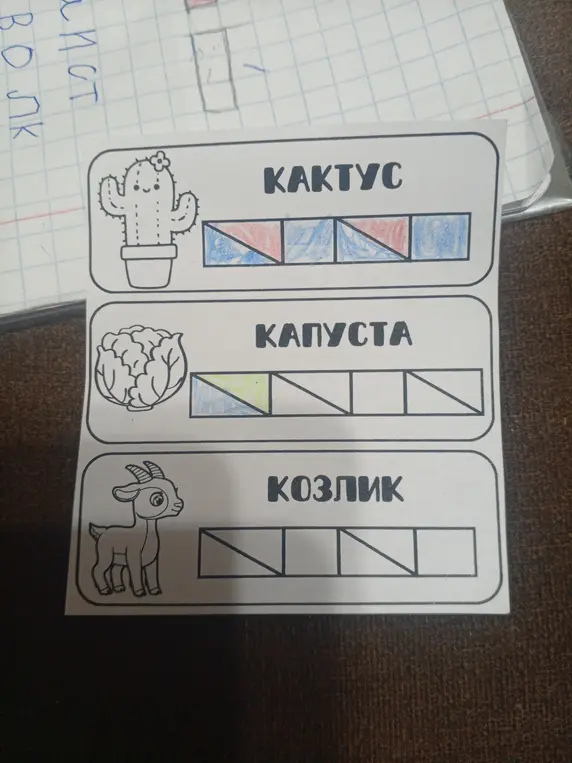 Раскрась картинки кактуса, капусты и козлика по образцу.