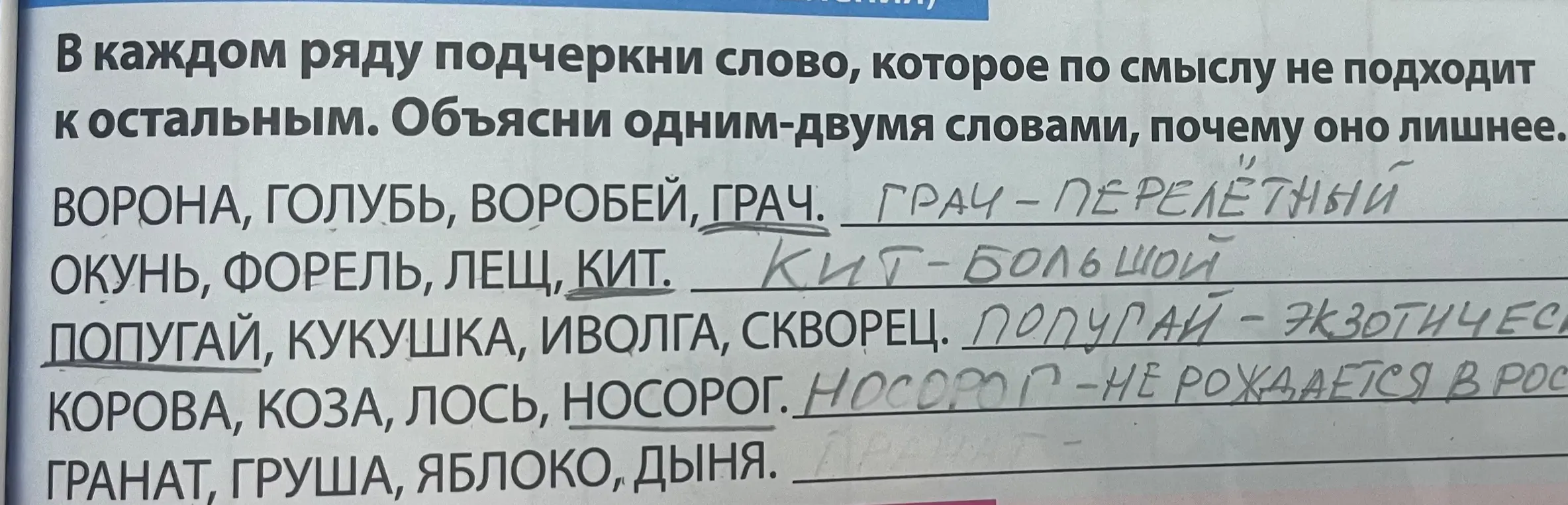Подчеркни слово, которое по смыслу не подходит к остальным и объясни, почему оно лишнее.