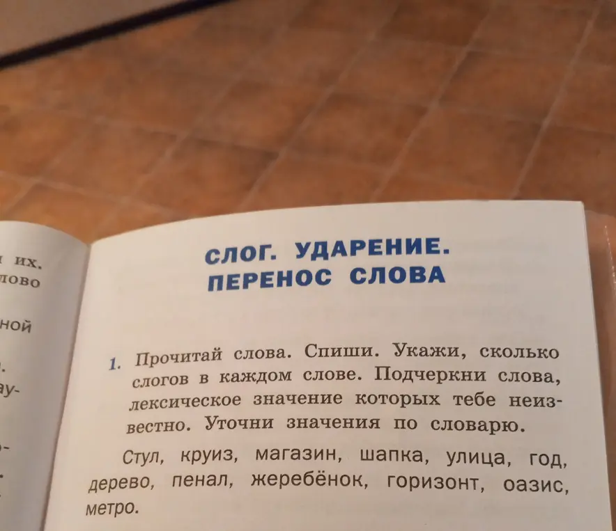 Прочитай слова, спиши, укажи, сколько слогов в каждом слове, подчеркни слова, лексическое значение которых тебе неизвестно, уточни значения по словарю.