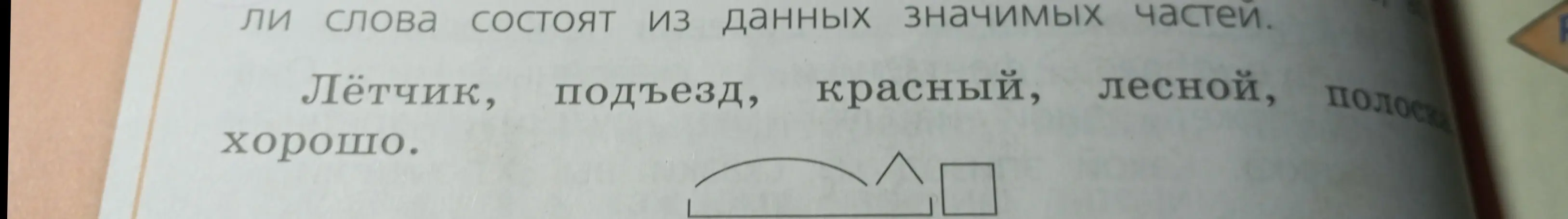 Определи части слова: лётчик, подъезд, красный, лесной, полоска, хорошо.