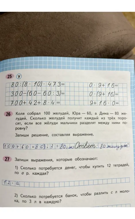 Выполни вычисления, реши задачу про желуди и запиши выражения для задач про тетради и молоко.