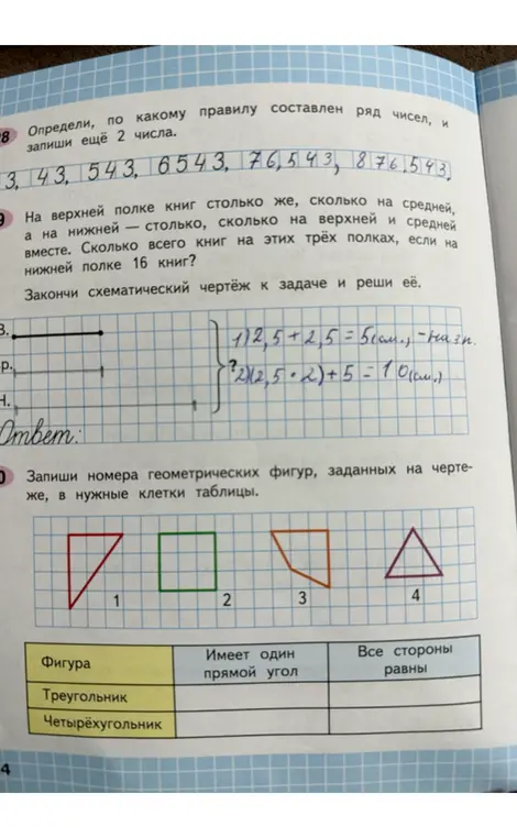 Определи, по какому правилу составлен ряд чисел, и запиши ещё 2 числа. Реши задачу про полки с книгами. Запиши номера геометрических фигур в нужные клетки таблицы.