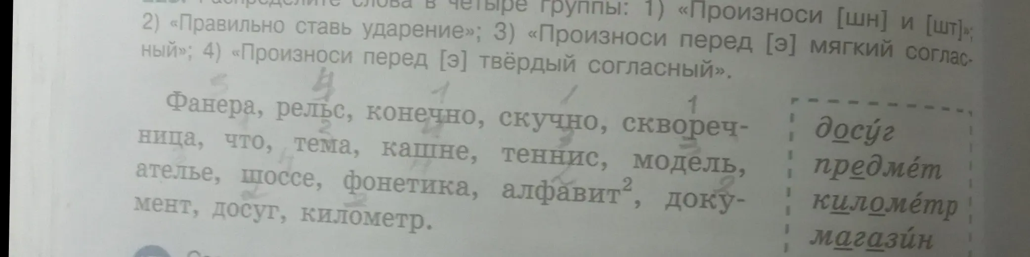 Распредели слова в четыре группы: 1) «Произноси [шн] и [шт]»; 2) «Правильно ставь ударение»; 3) «Произноси перед [э] мягкий согласный»; 4) «Произноси перед [э] твёрдый согласный».