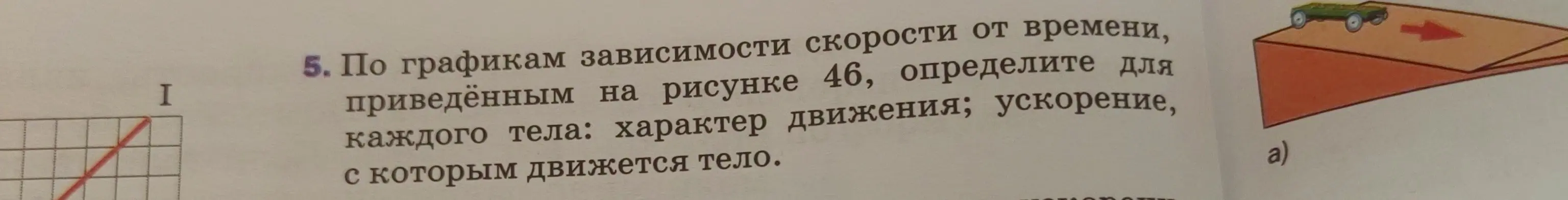 По графикам зависимости скорости от времени, определи для каждого тела: характер движения; ускорение, с которым движется тело.