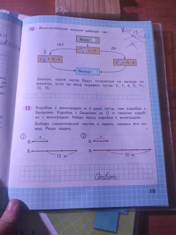 Вычисли числа на выходе из машины, если на вход подавать числа 5, 7, 4, 9, 11, 13, 15. Выбери схематический чертёж к задаче и найди массу коробки с виноградом, если коробка с виноградом в 4 раза легче, чем коробка с бананами, и коробка с бананами на 12 кг тяжелее коробки с виноградом.