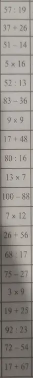 Реши примеры: 57:19, 37+26, 51-14, 5 x 16, 52:13, 83-36, 9x9, 17+48, 80:16, 13 x 7, 100-88, 7 x 12, 26+56, 68:17, 75-27, 3 x 9, 19+25, 92:23, 72-54, 17+67.
