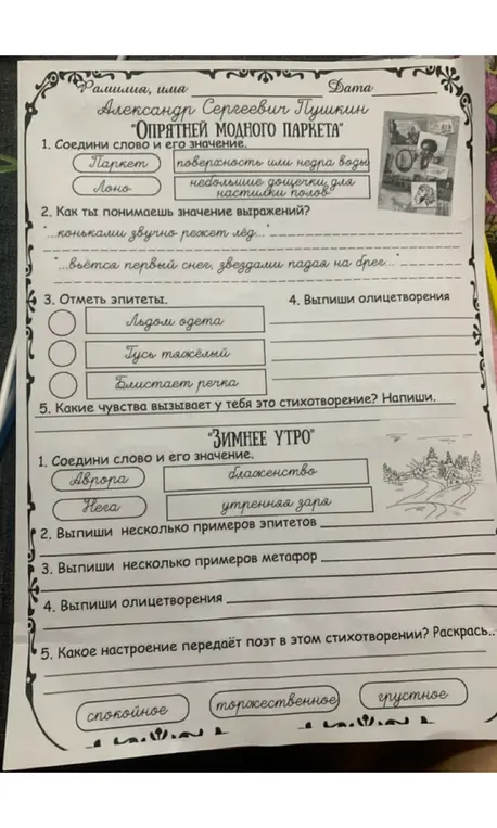 Выполни задания по стихотворениям Пушкина "Опрятней модного паркета" и "Зимнее утро".