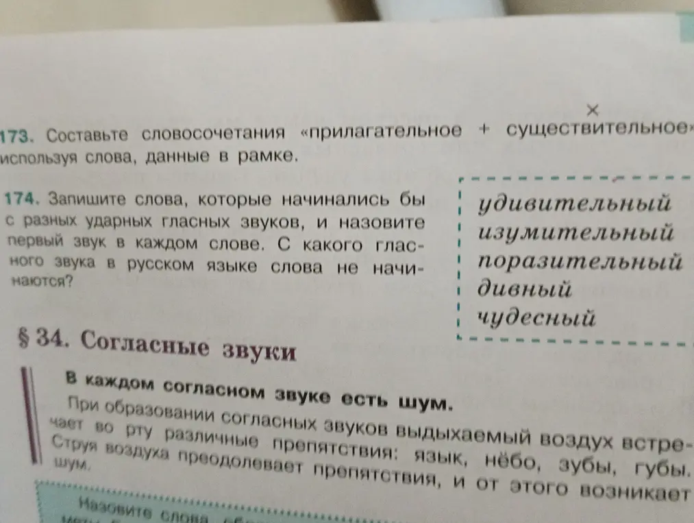 Составь словосочетания «прилагательное + существительное», используя слова, данные в рамке и запиши слова, которые начинались бы с разных ударных гласных звуков, и назови первый звук в каждом слове.