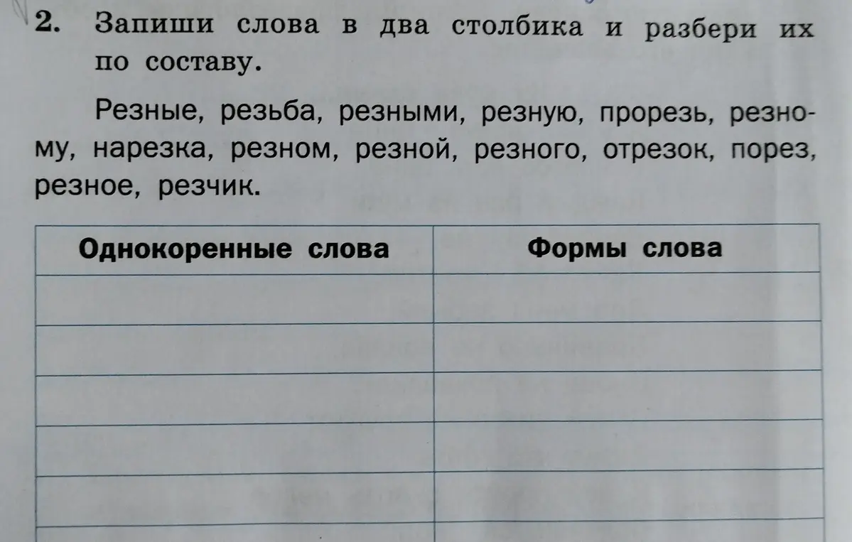 Запиши слова в два столбика (однокоренные слова и формы слова) и разбери их по составу.