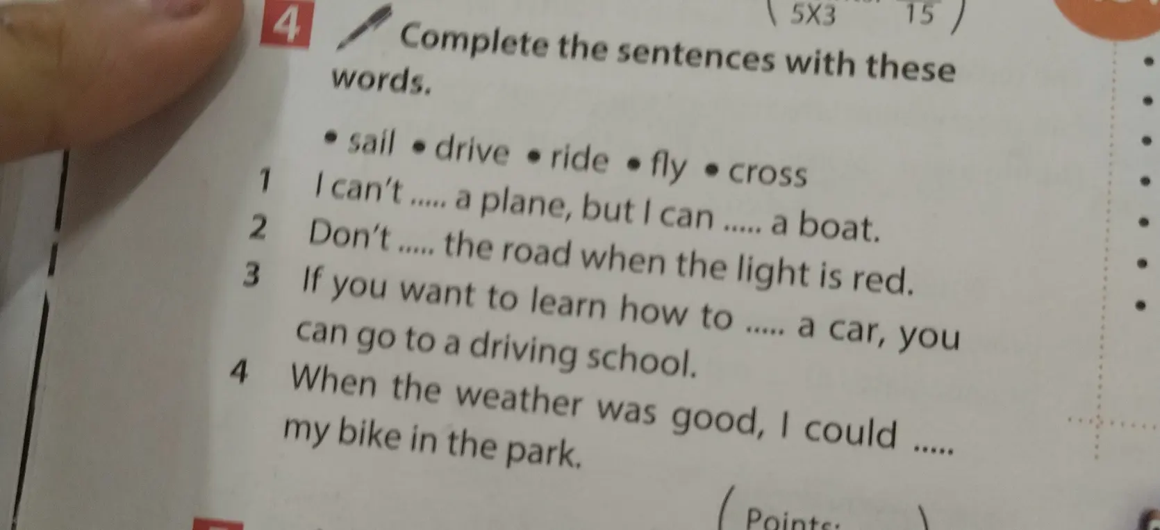Заполни предложения словами: sail, drive, ride, fly, cross.