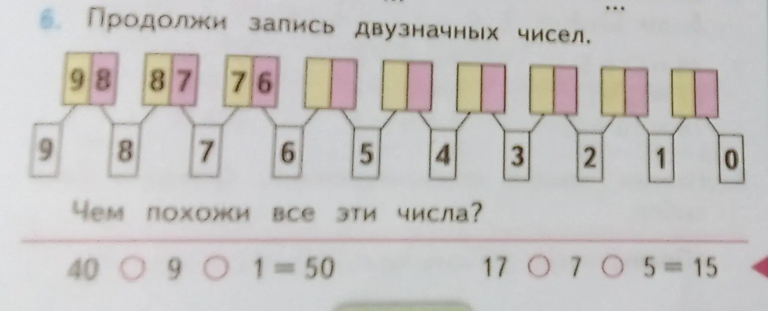 Продолжи запись двузначных чисел 98, 87, 76... и скажи, чем похожи все эти числа.