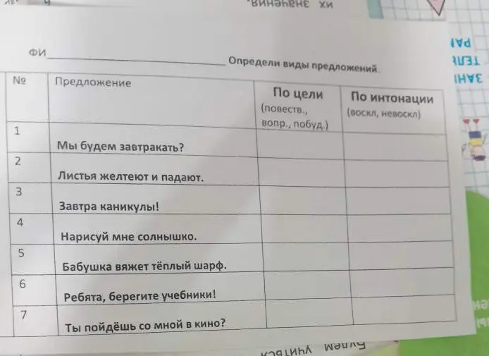 Определи виды предложений.